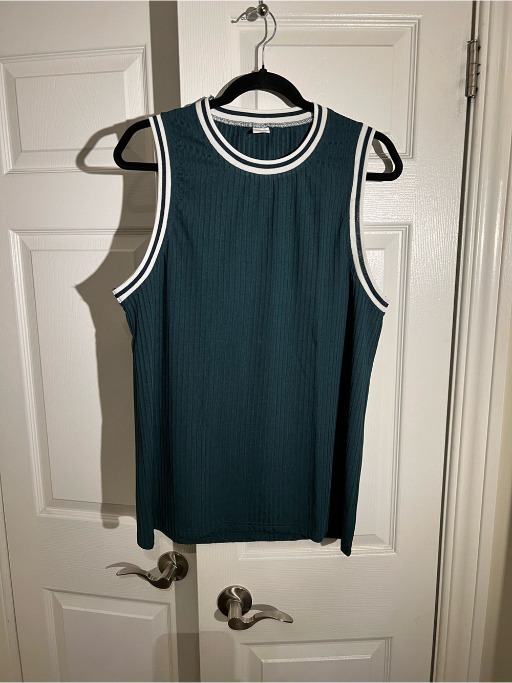 Ribbed Sleeveless Tank Top in Dark Teal with White Trim